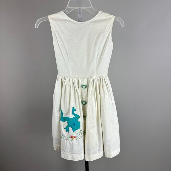 Vtg 60s Girls White Cotton Frog Applique Sleeveless Dress Crinoline Size 10/12 6
